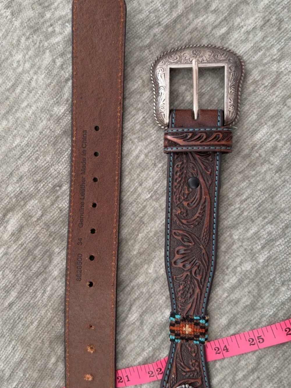 Brown Tooled Leather Belt with Turquoise Accents - Picture 2 of 3